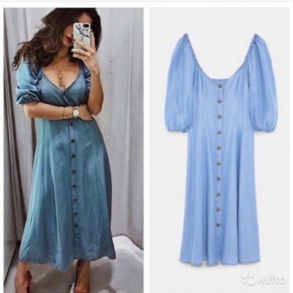 ZARA OFF THE SHOULDER BLUE LYOCELL DRESS